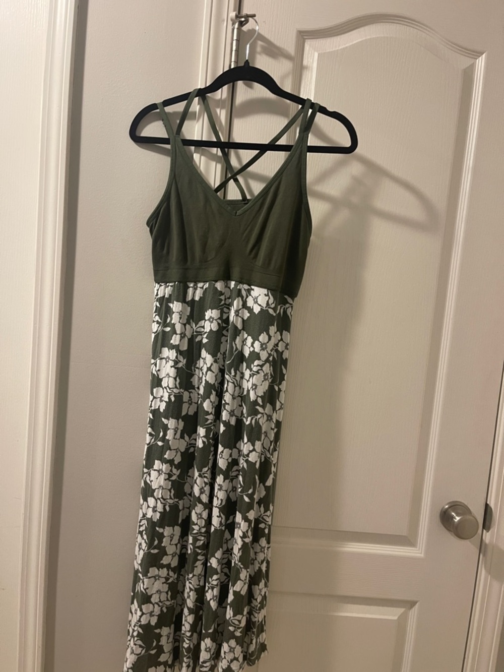 Olive Floral-Print Maxi Dress with Crisscross Back